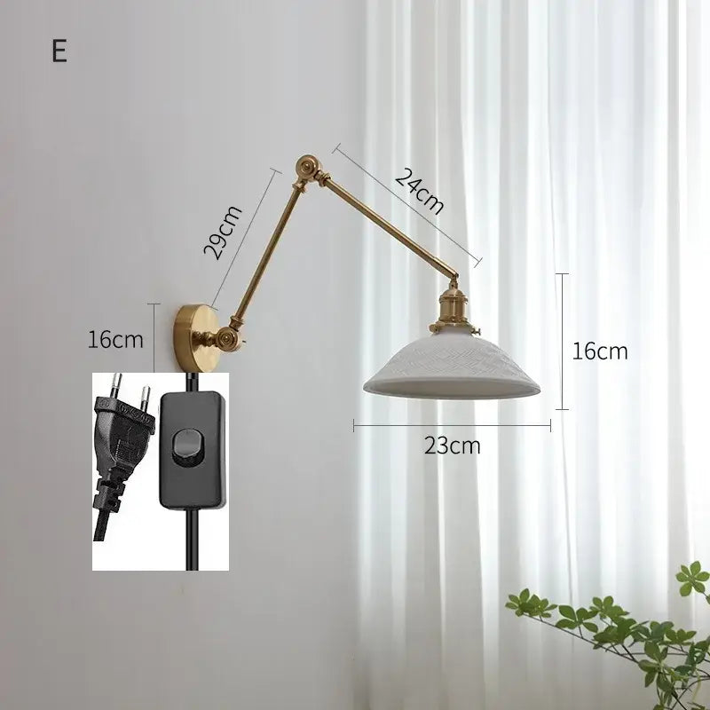 Modern brass copper swing arm wall sconce with ribbed glass bedroom light