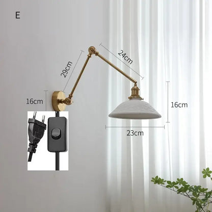 Modern brass copper swing arm wall sconce with ribbed glass bedroom light