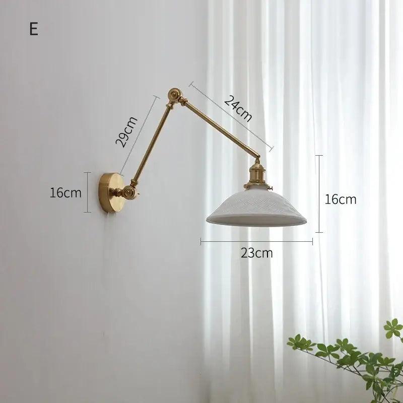 Modern brass copper swing arm wall sconce with ribbed glass bedroom light