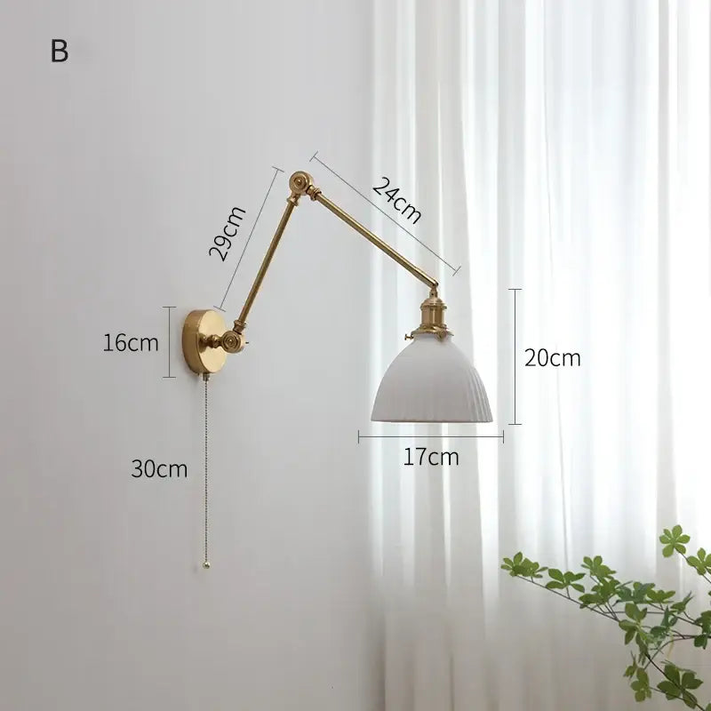 Modern brass copper swing arm wall sconce with ribbed glass bedroom light