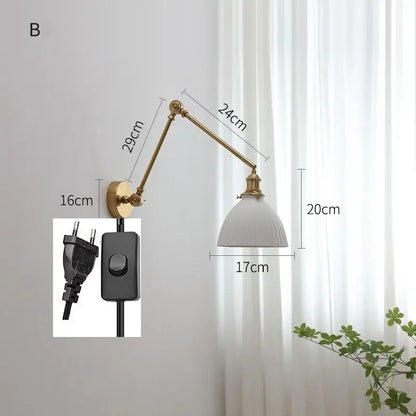 Modern brass copper swing arm wall sconce with ribbed glass bedroom light