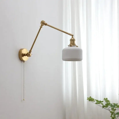 Modern brass copper swing arm wall sconce with ribbed glass bedroom light