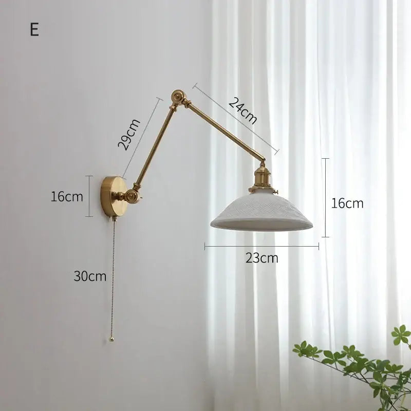 Modern brass copper swing arm wall sconce with ribbed glass bedroom light