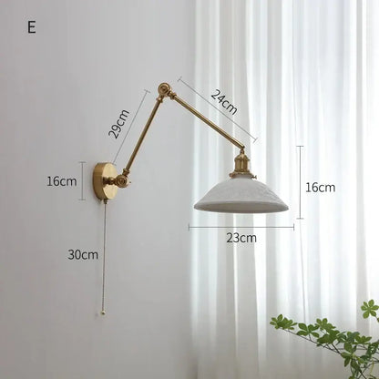 Modern brass copper swing arm wall sconce with ribbed glass bedroom light