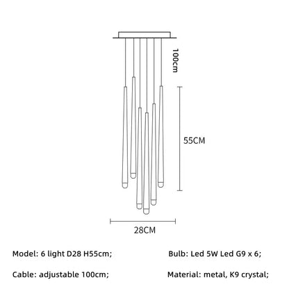 Modern brass crystal led pendant chandelier for villa stairs