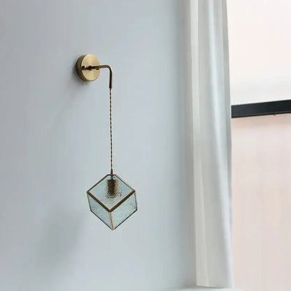 Modern brass cube led wall lights bedroom glass sconce with pull switch