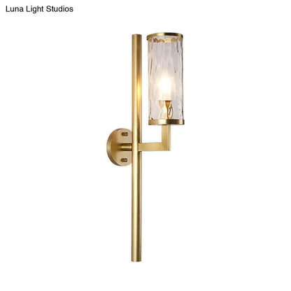 Modern brass cylinder sconce with clear water glass bedroom wall lamp