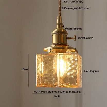 Modern brass cube amber glass pendant lamp dining room