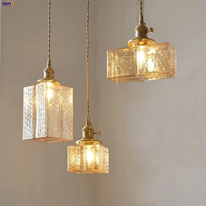 Modern brass cube amber glass pendant lamp dining room