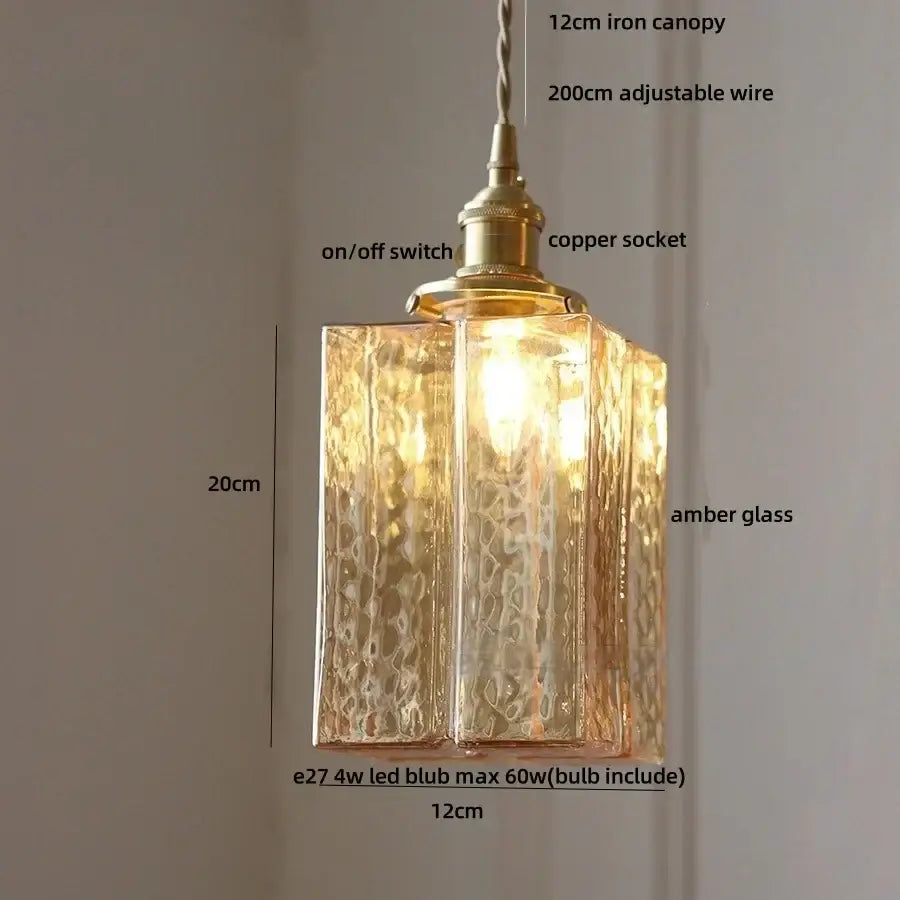 Modern brass cube amber glass pendant lamp dining room