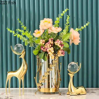 Modern brass deer statue desk ornament with crystal – living room decor