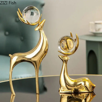 Modern brass deer statue desk ornament with crystal – living room decor