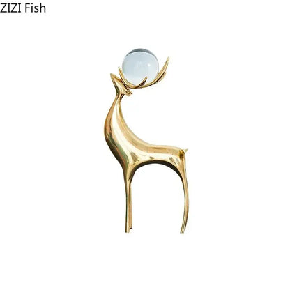 Modern brass deer statue desk ornament with crystal – living room decor