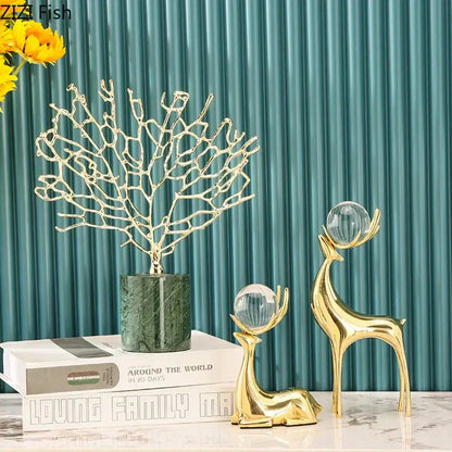 Modern brass deer statue desk ornament with crystal – living room decor