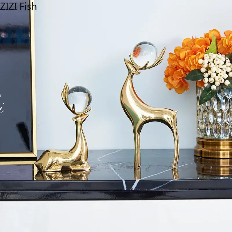 Modern brass deer statue desk ornament with crystal – living room decor