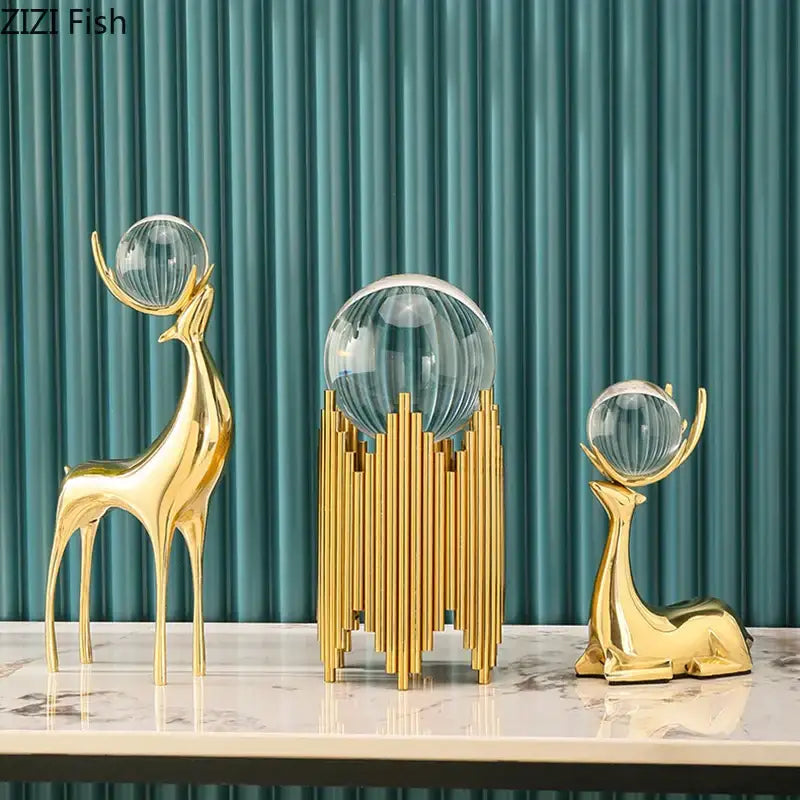 Modern brass deer statue desk ornament with crystal – living room decor