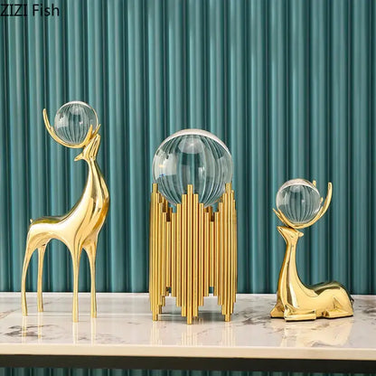 Modern brass deer statue desk ornament with crystal – living room decor