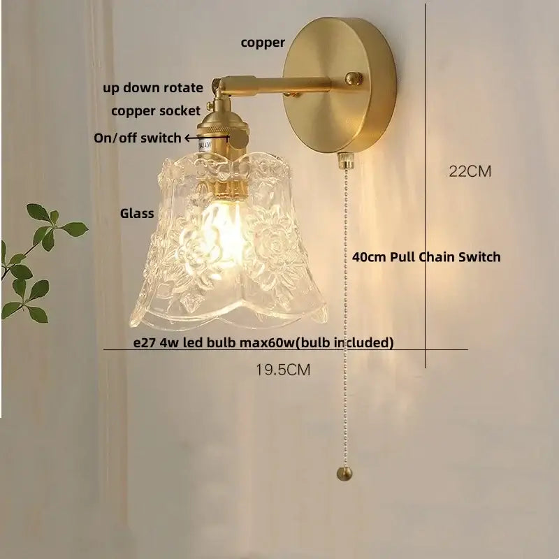 Modern brass e27 led wall sconce with glass shade for bedroom