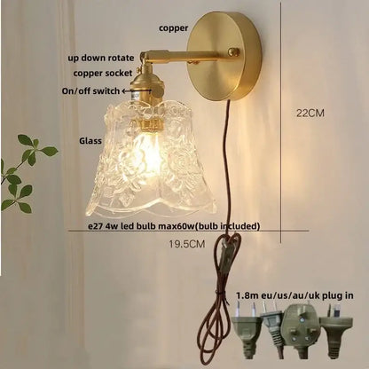Modern brass e27 led wall sconce with glass shade for bedroom