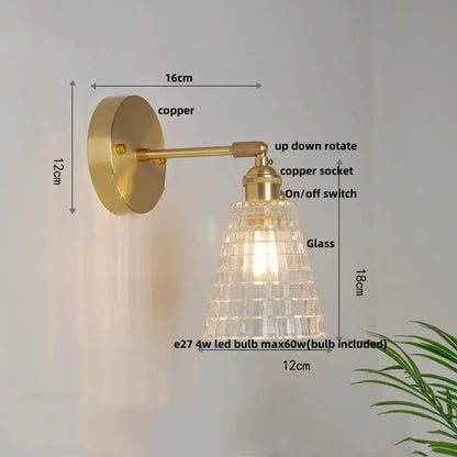 Modern brass e27 led wall sconce with glass shade for bedroom