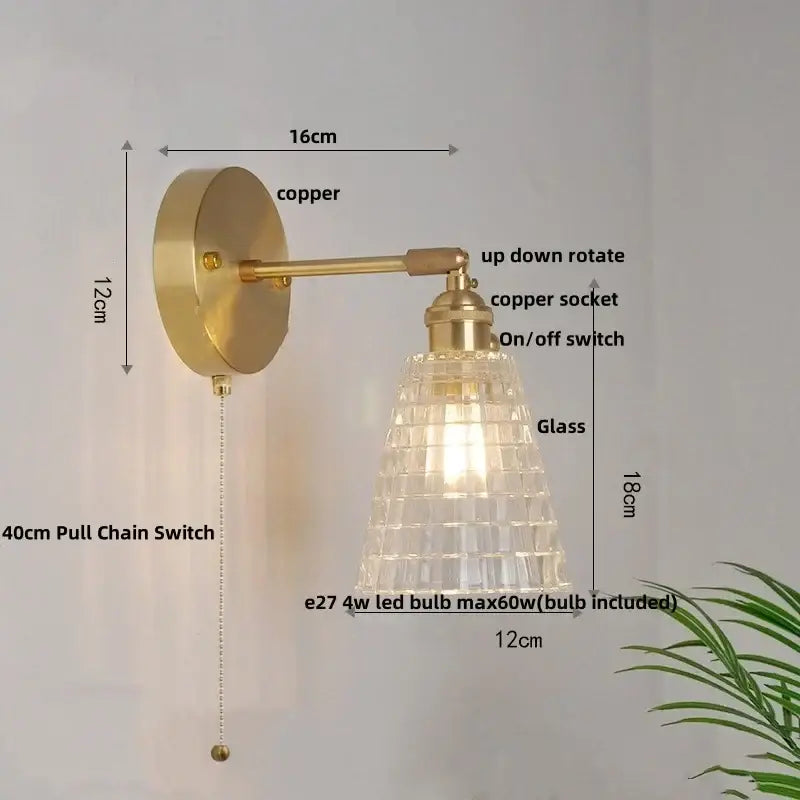 Modern brass e27 led wall sconce with glass shade for bedroom