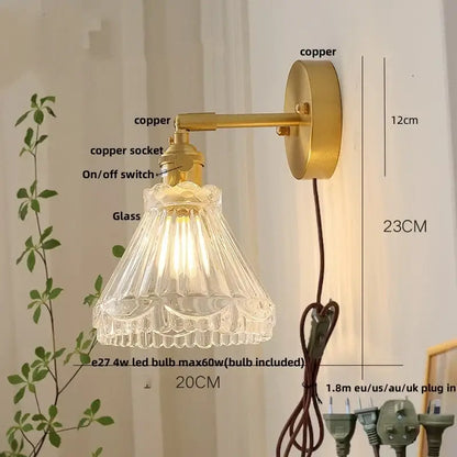 Modern brass e27 led wall sconce with glass shade for bedroom
