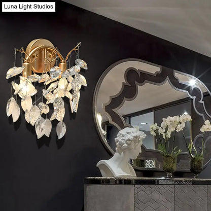 Modern brass finish crystal leaf wall light fixture bedroom sconce
