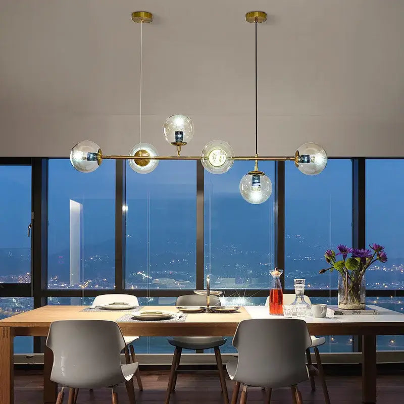 Modern brass five globe glass pendant lights for dining room