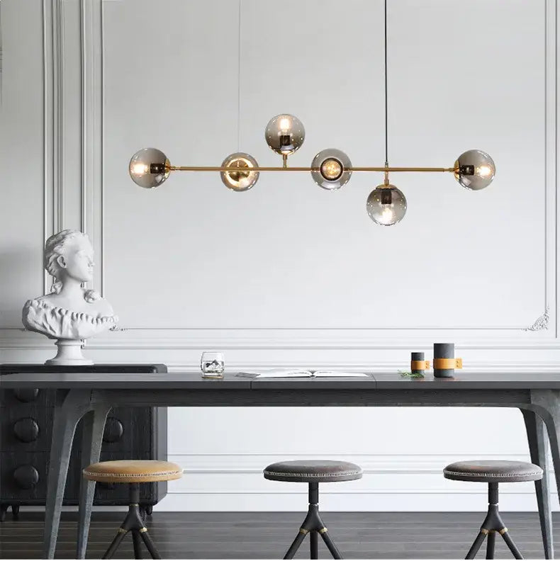 Modern brass five globe glass pendant lights for dining room