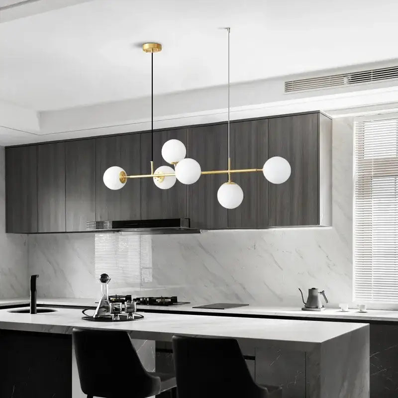 Modern brass five globe pendant light golden glass ball dining room