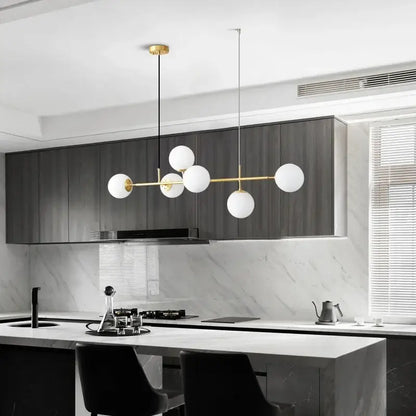 Modern brass five globe pendant light golden glass ball dining room