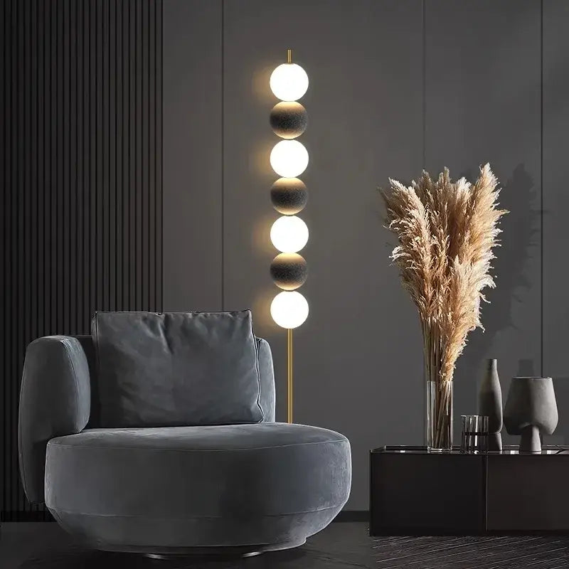 Modern brass floor lamp with six spheres for living room decor