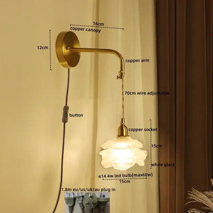 Modern brass flower glass led wall sconce bedroom light fixture