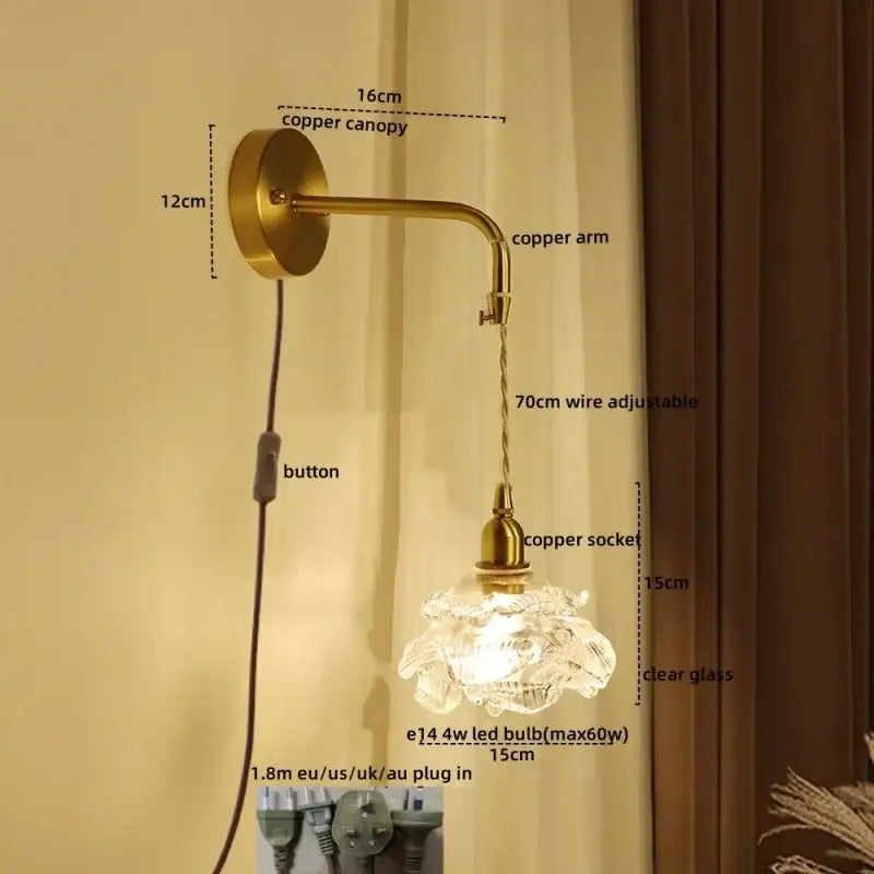 Modern brass flower glass led wall sconce bedroom light fixture