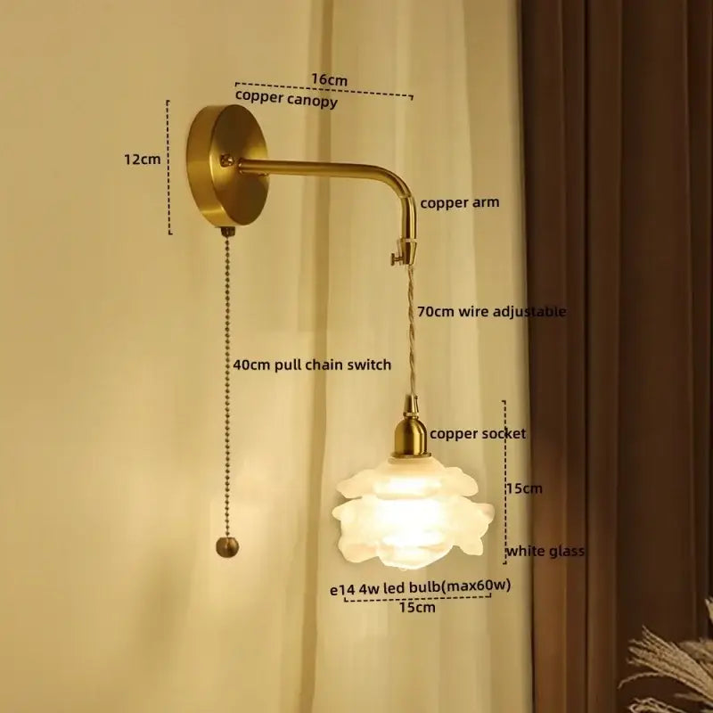 Modern brass flower glass led wall sconce bedroom light fixture