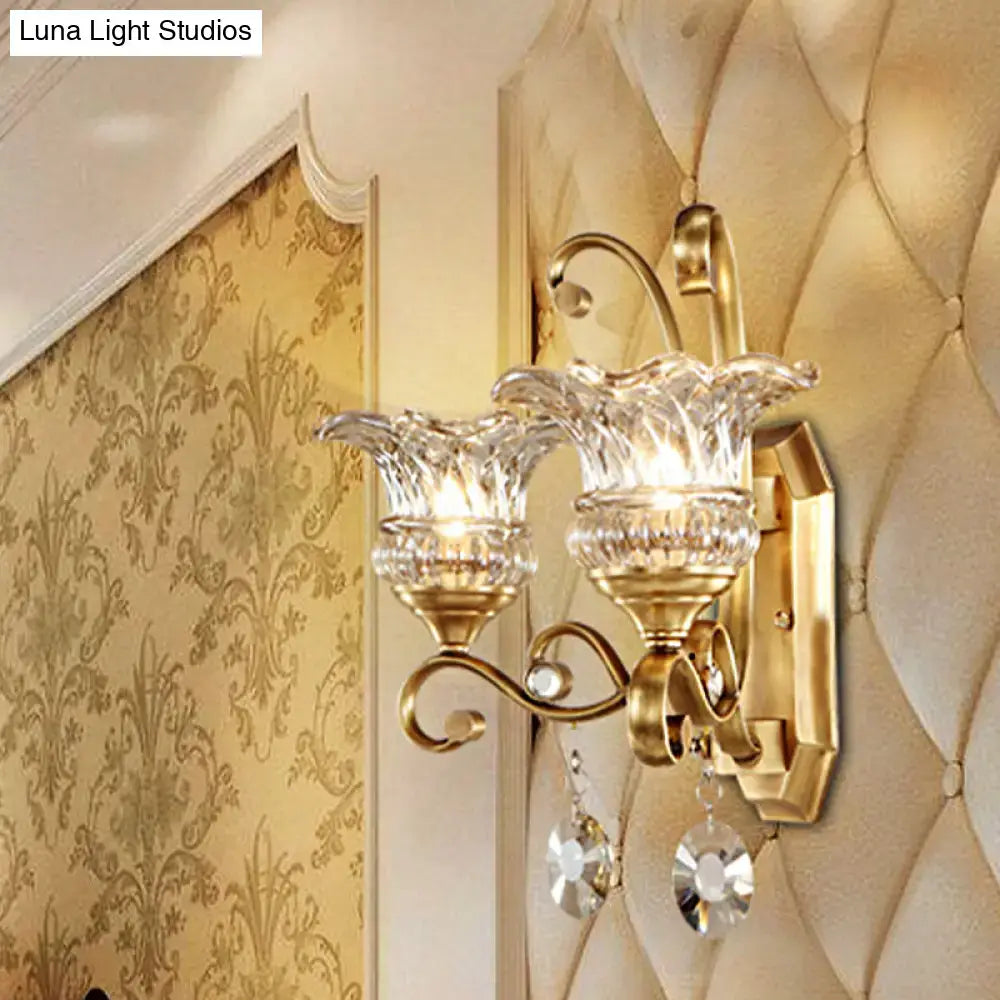 Modern brass flower sconce crystal wall lamp bedroom light fixture