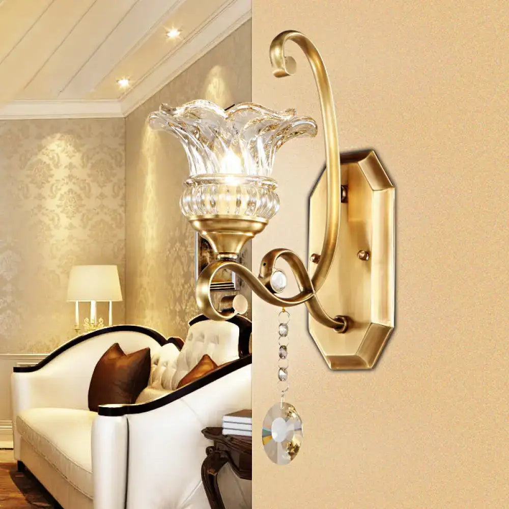 Modern brass flower sconce crystal wall lamp bedroom light fixture