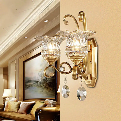 Modern brass flower sconce crystal wall lamp bedroom light fixture