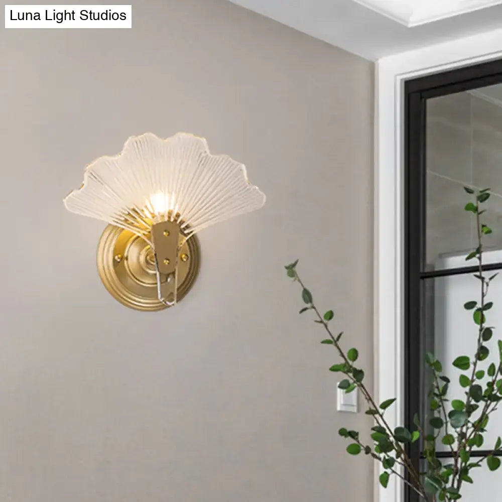 Modern brass ginkgo leaves wall light bedroom glass sconce
