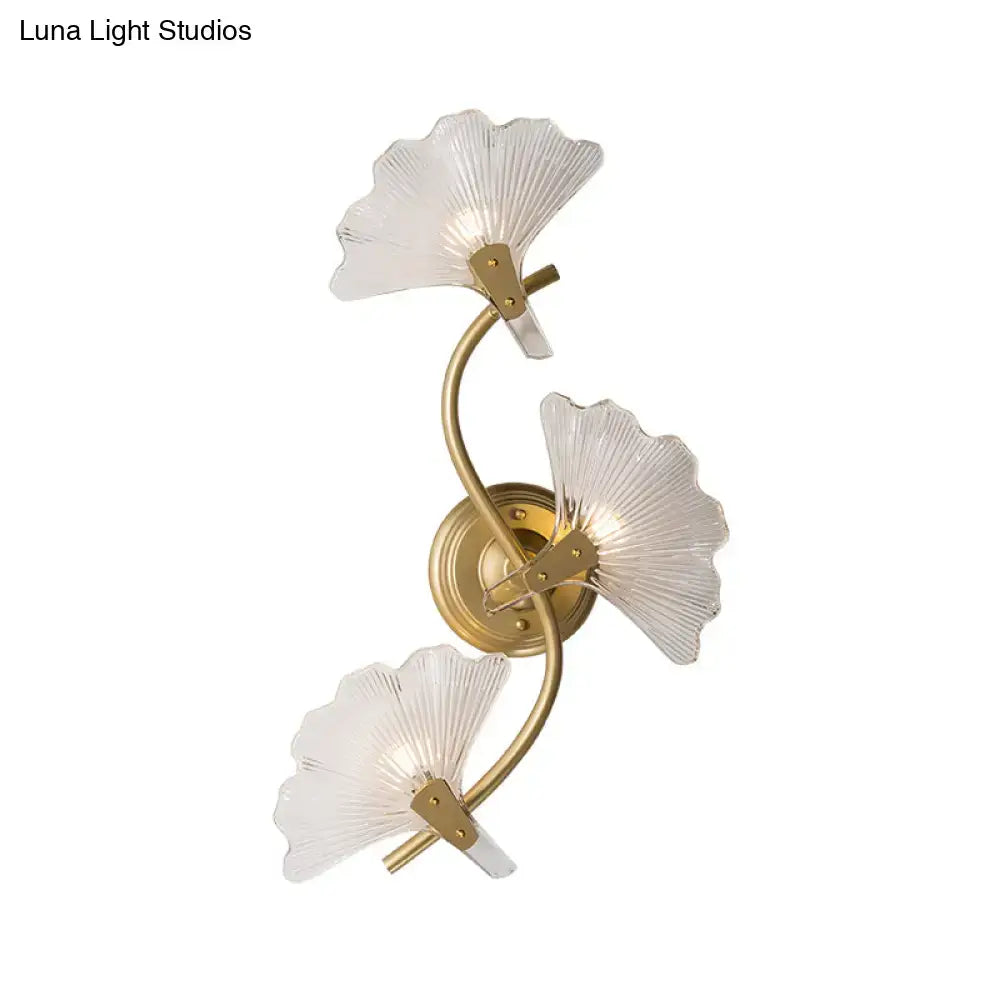 Modern brass ginkgo leaves wall light bedroom glass sconce
