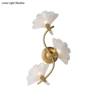 Modern brass ginkgo leaves wall light bedroom glass sconce