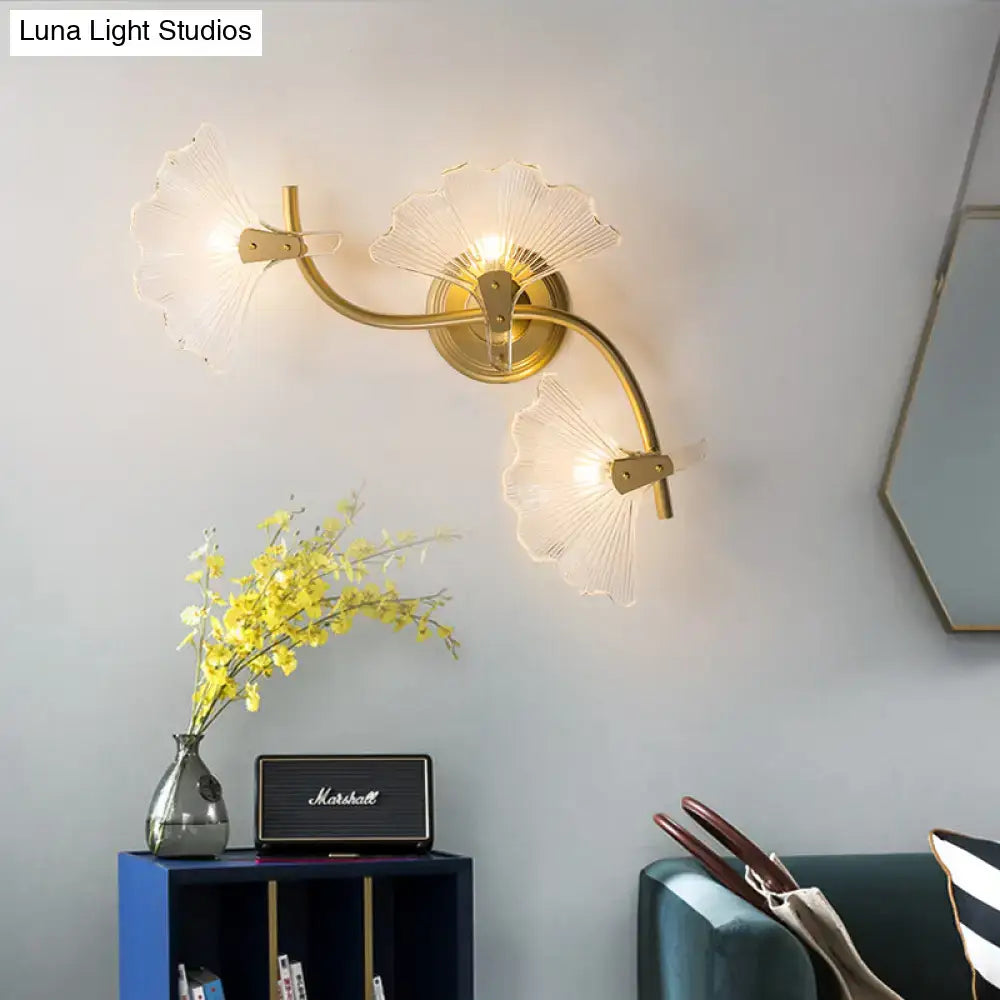 Modern brass ginkgo leaves wall light bedroom glass sconce