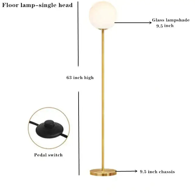 Modern brass glass ball floor lamp for bedroom and study