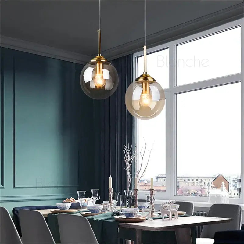 Modern brass glass ball pendant lights dining room 3 pack