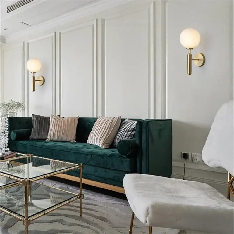 Modern brass glass ball wall lamp bedroom opaque & clear globe