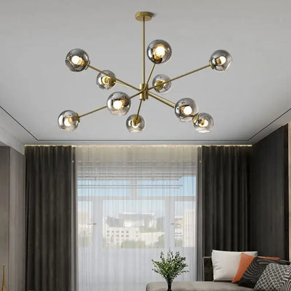 Modern brass glass chandelier with clear glass shades for dining room