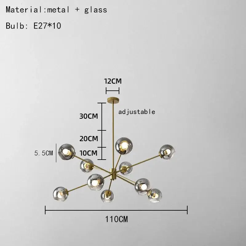 Modern brass glass chandelier with clear glass shades for dining room