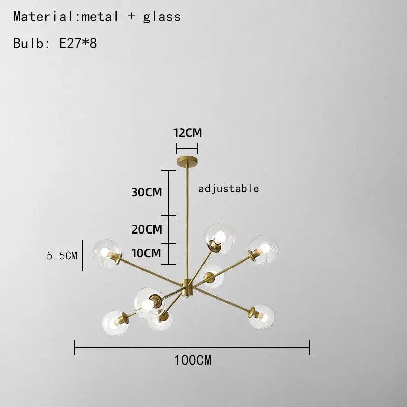 Modern brass glass chandelier with clear glass shades for dining room