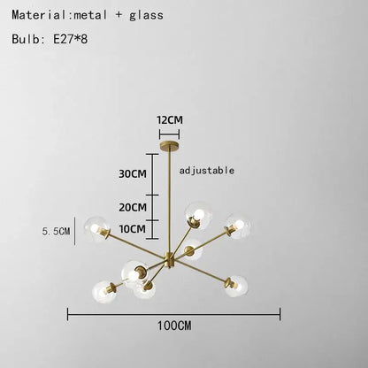 Modern brass glass chandelier with clear glass shades for dining room