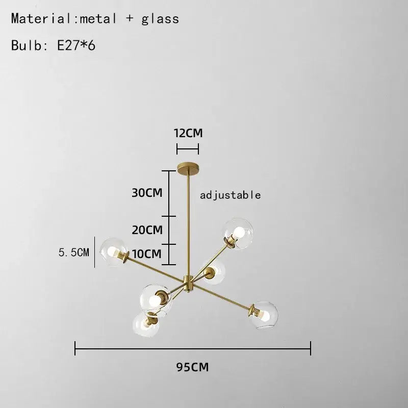 Modern brass glass chandelier with clear glass shades for dining room